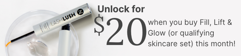 An image of a LashLash 3-in-1 Lash & Brow Serum on a clear dish, promoting a $20 offer with qualifying skincare sets.